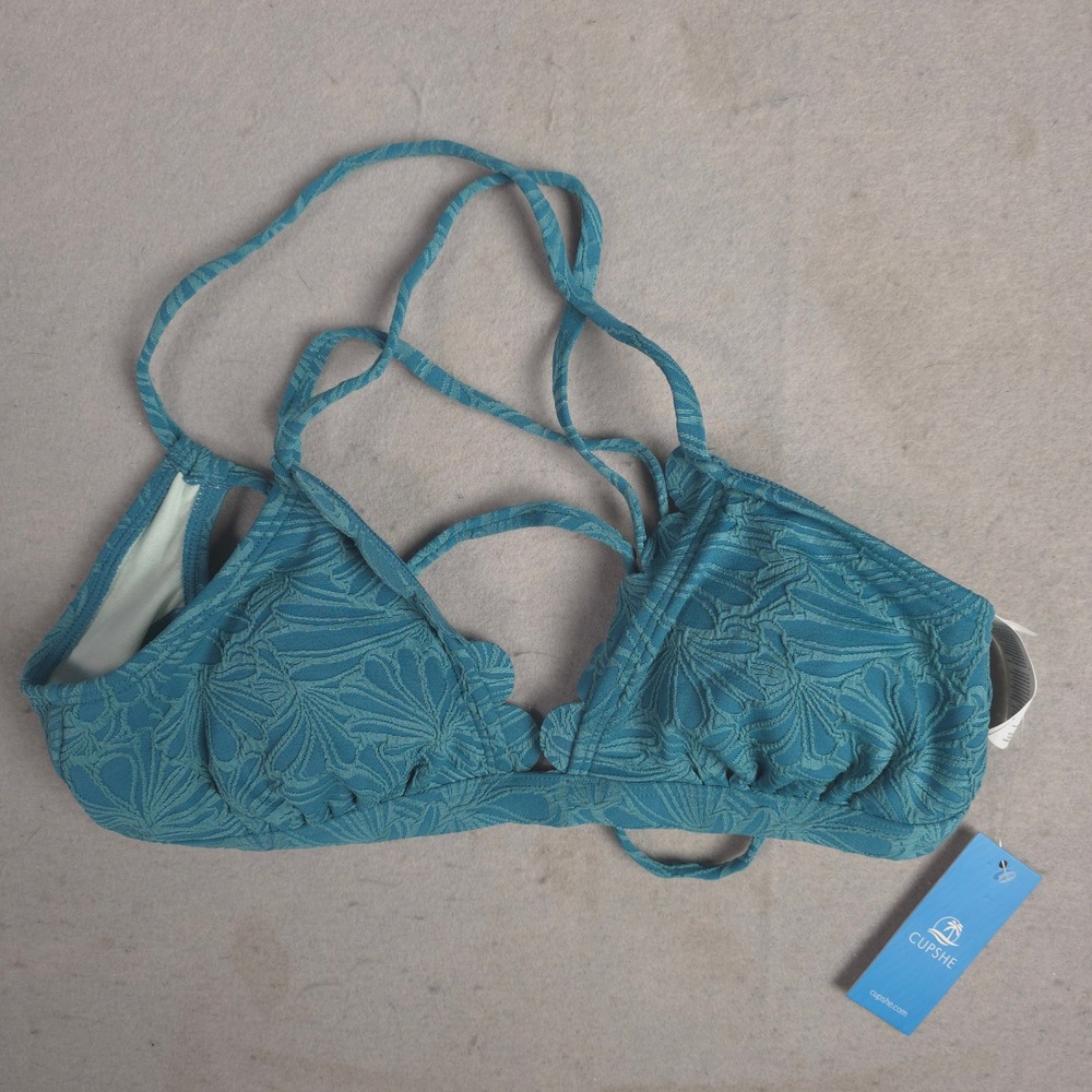 Cupshe Teal Floral Bikini‎ Top Padded Strappy Back Swimwear Beach Summer M